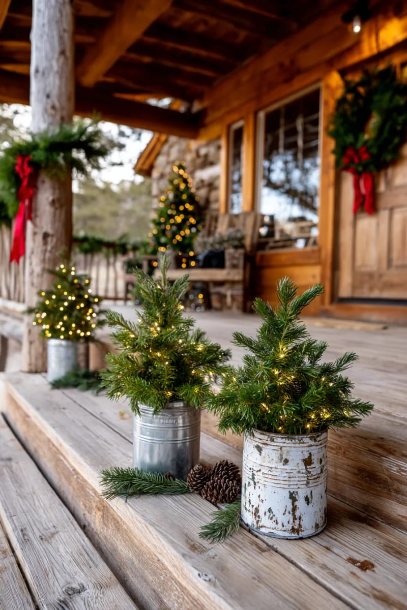 vintage milk cans used as stands for mini christmas trees with fairy lights 1