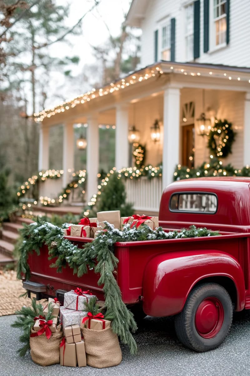 vintage red truck display with evergreen garlands and twinkling porch lights 1