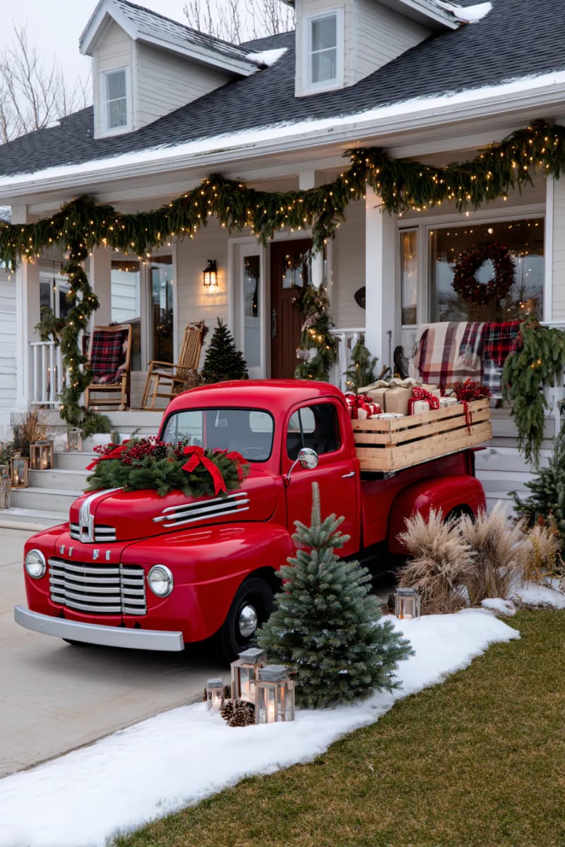 vintage red truck display with evergreen garlands and twinkling porch lights 1