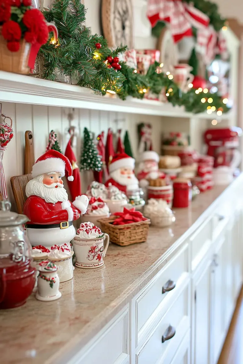 vintage santa figurines nestled among kitchen countertop displays 1