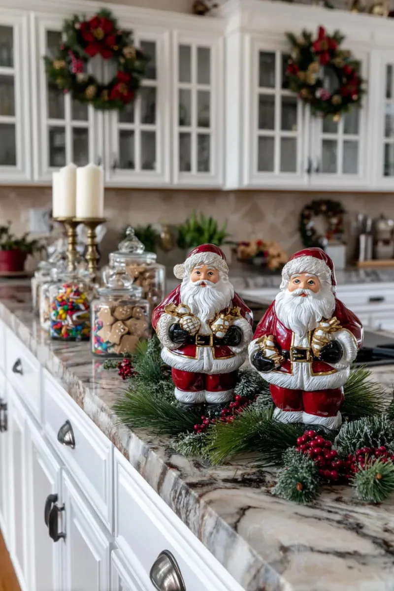 vintage santa figurines nestled among kitchen countertop displays 1