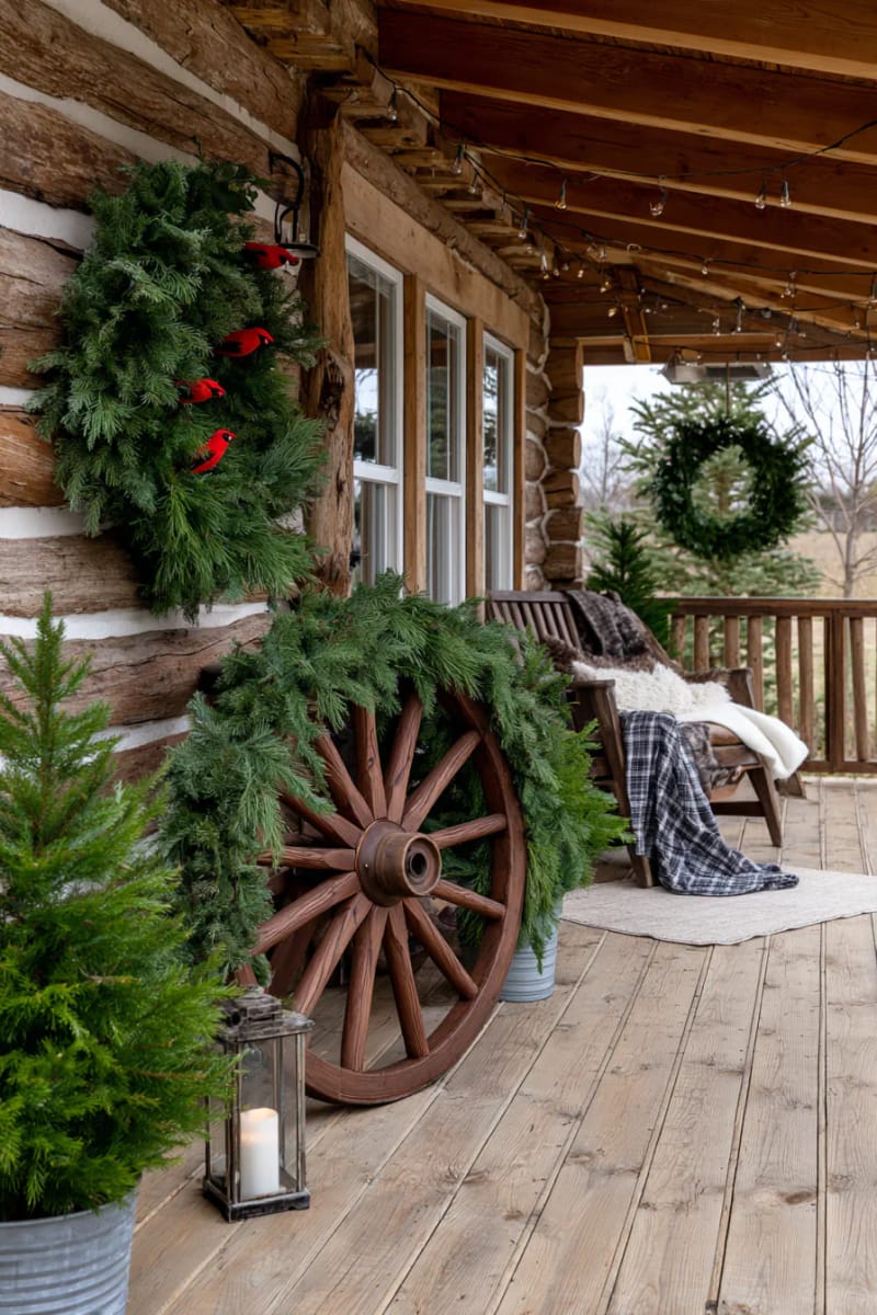 wagon wheel decorated with cedar garlands and cardinal accents 1