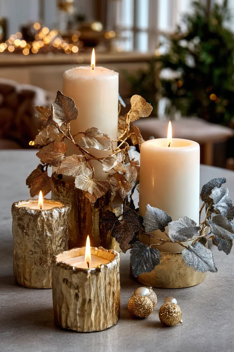 weave metallic eucalyptus garlands around candle holders for natural glam. 1