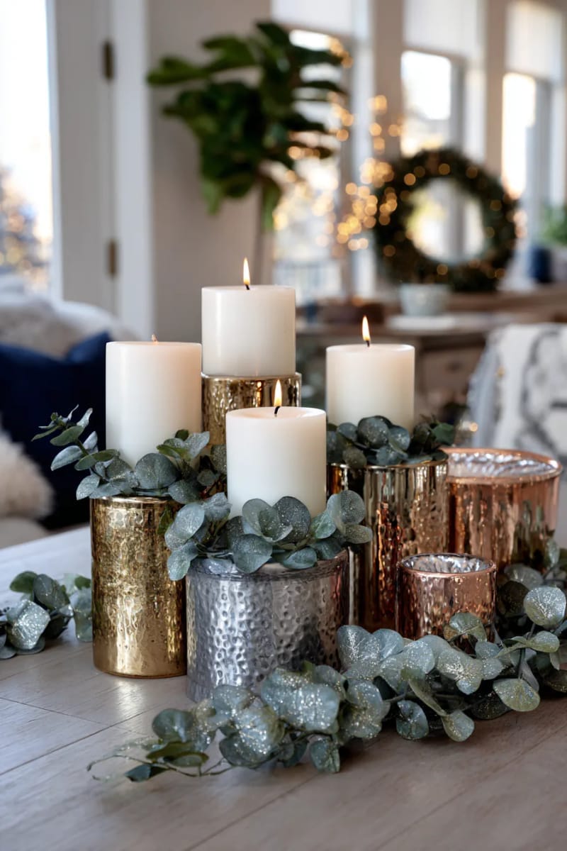 weave metallic eucalyptus garlands around candle holders for natural glam. 1