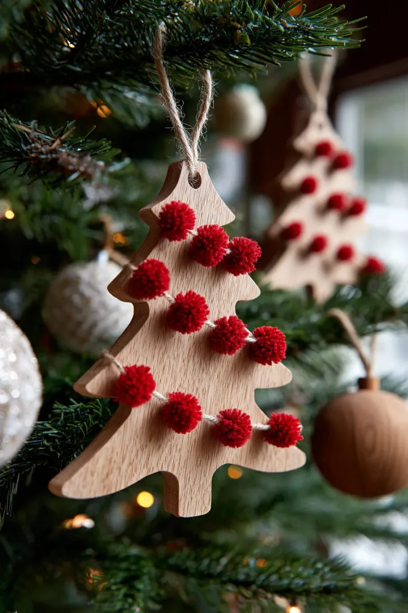 whimsical christmas tree cutout ornament with tiny red pom-pom garland 1
