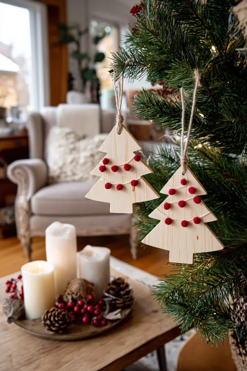 whimsical christmas tree cutout ornament with tiny red pom-pom garland 1