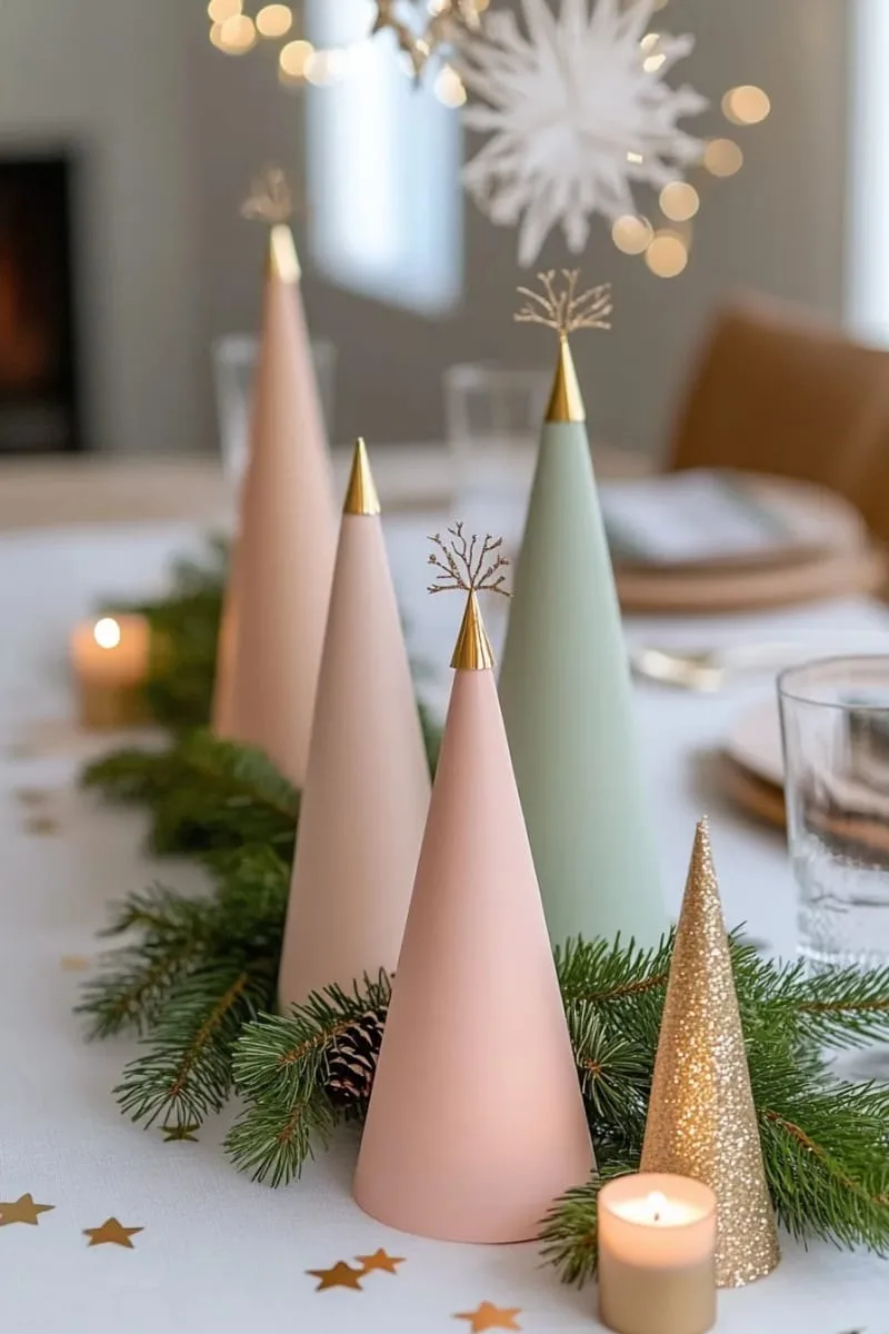 whimsical paper tree cones with gold-tipped branches for table decor 1