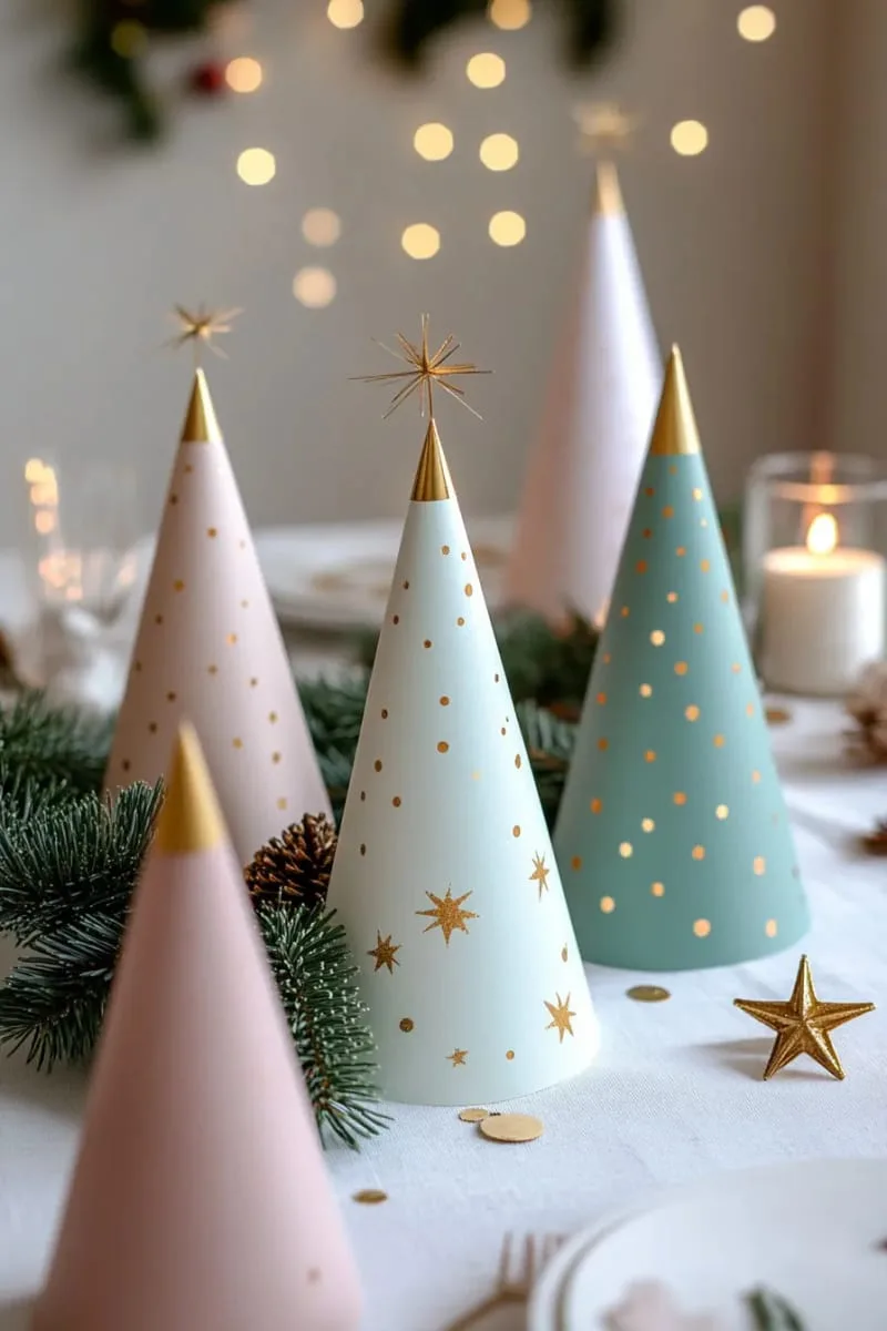 whimsical paper tree cones with gold-tipped branches for table decor 1