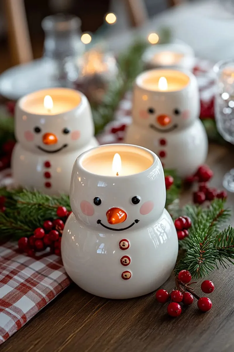 whimsical snowman candle holders with carrot nose details 1