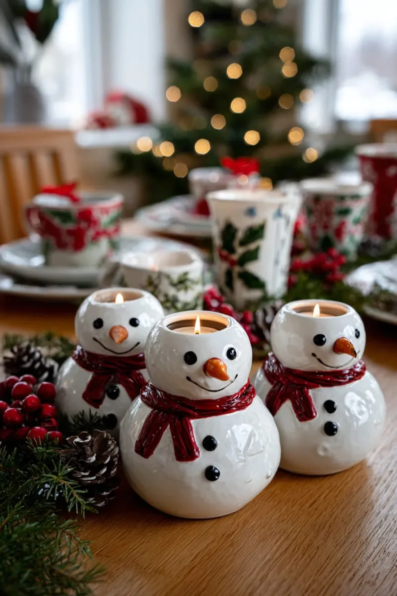 whimsical snowman candle holders with carrot nose details 1