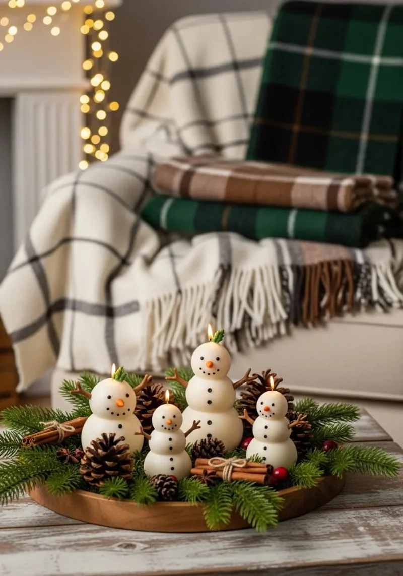 whimsical snowman candles surrounded by evergreen sprigs 1