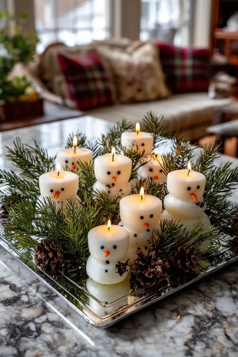 whimsical snowman candles surrounded by evergreen sprigs 1