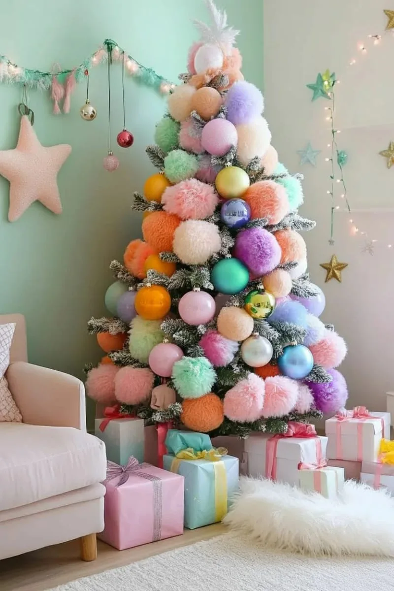 21 Whimsical Colorful Christmas Trees That Wow! 38 whimsical tree featuring oversized plush ornaments in rainbow shades 1