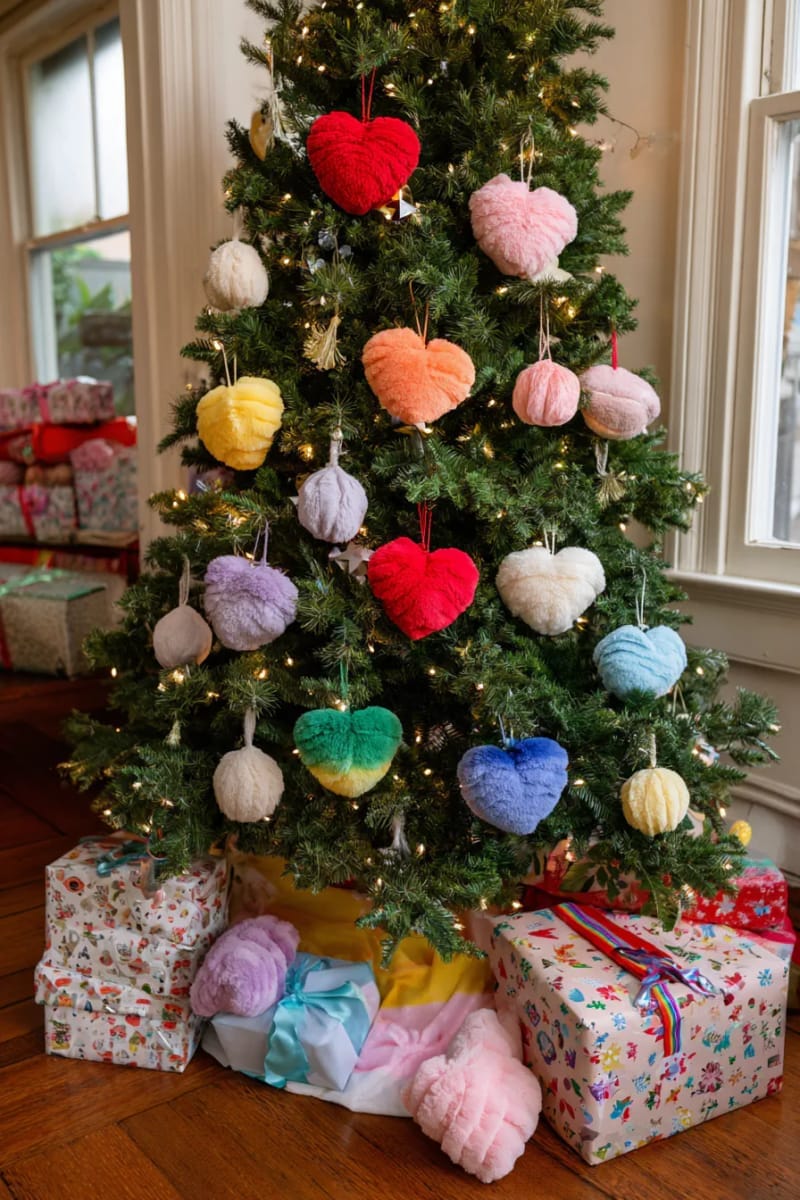 whimsical tree featuring oversized plush ornaments in rainbow shades 1