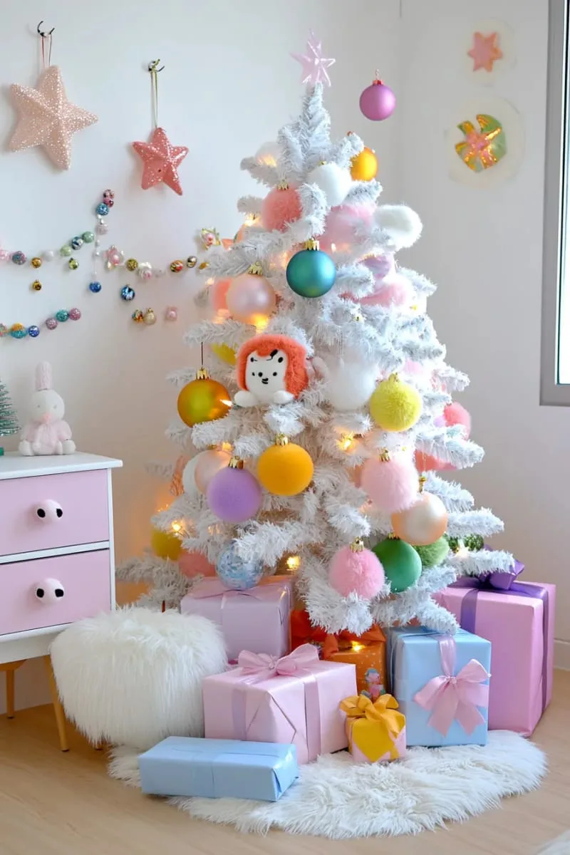 21 Whimsical Colorful Christmas Trees That Wow! 40 whimsical tree featuring oversized plush ornaments in rainbow shades 1