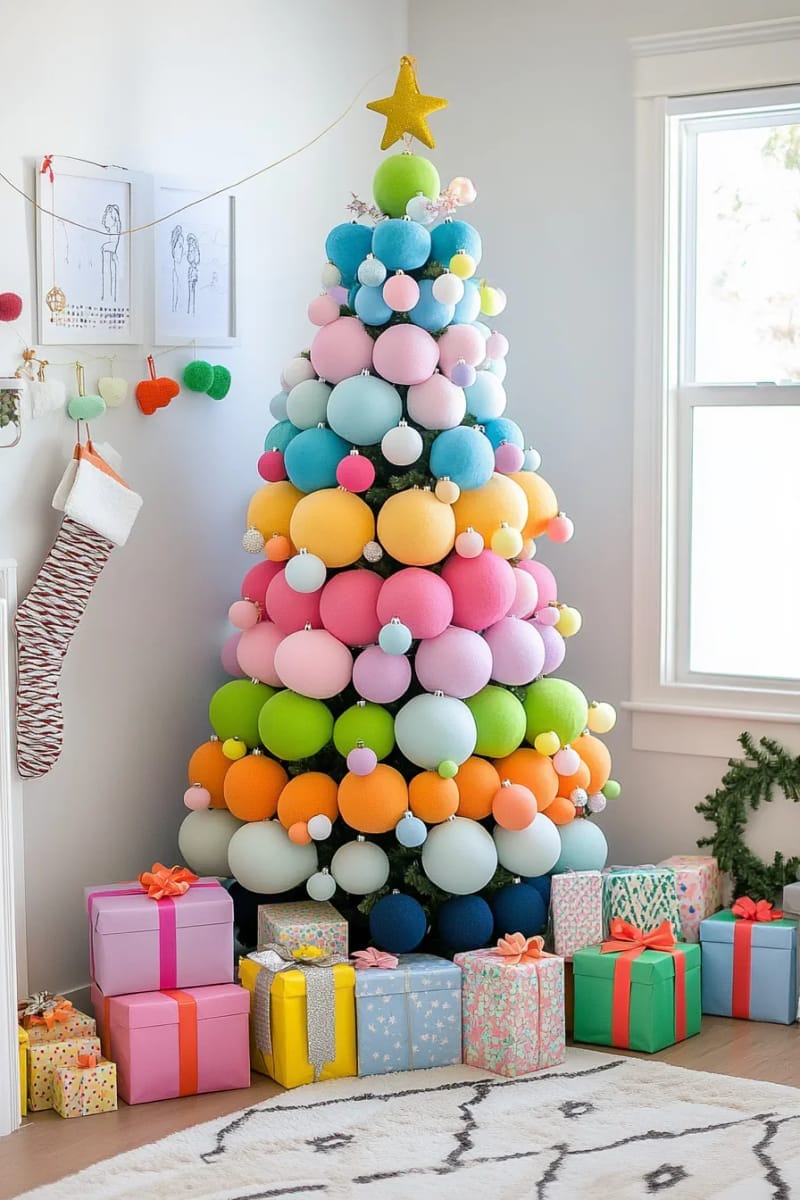 whimsical tree with color-blocked layers: blue, pink, yellow, and green segments 1