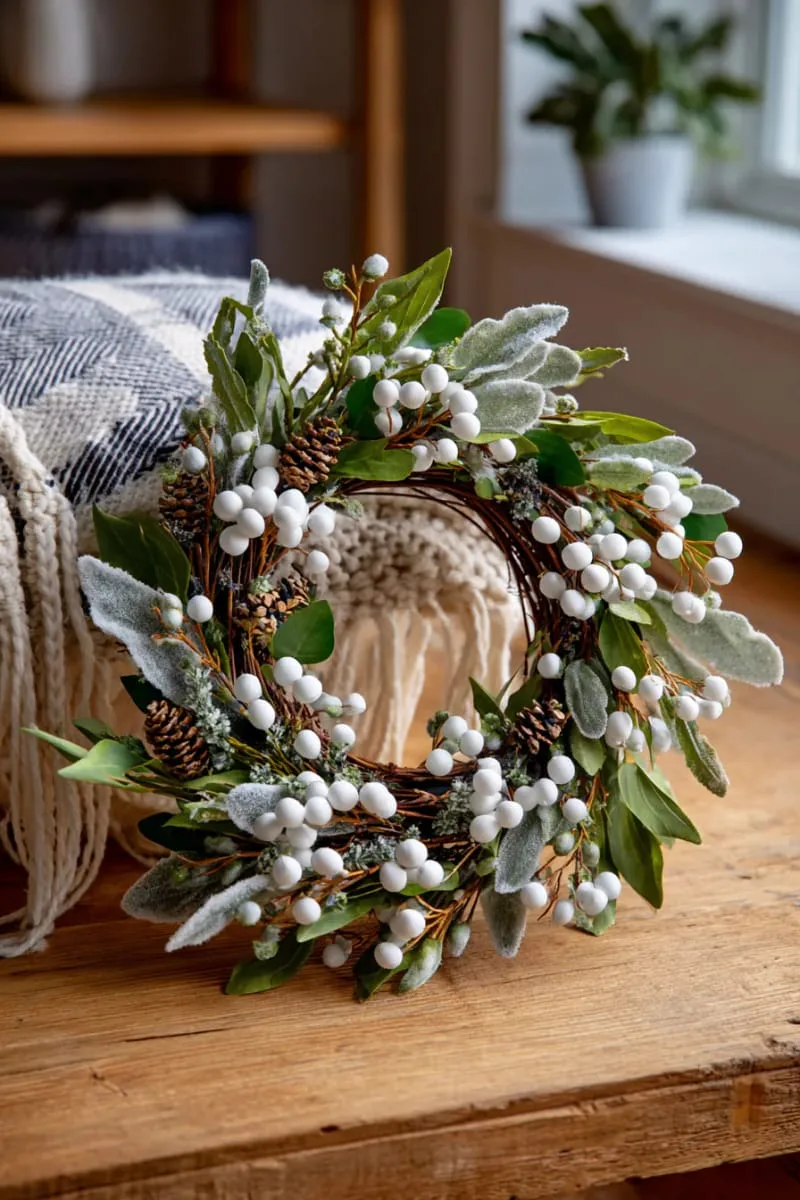 white berry wreath with frosted greenery and tiny pinecones 1