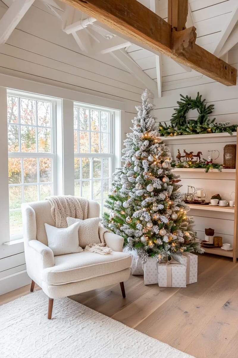 white flocked tree with frosted pinecones and vintage ornaments centerpiece 1