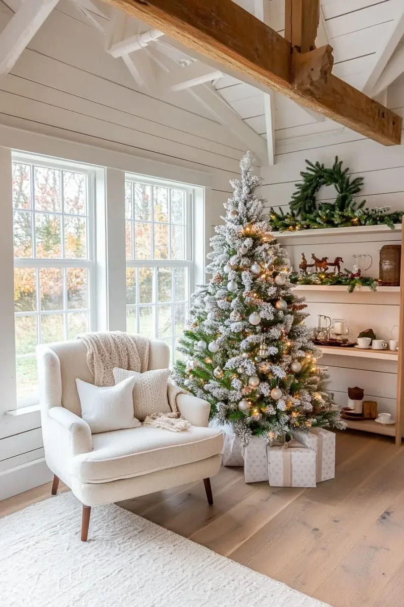 15 She Shed Christmas Decor Ideas For A Unique Winter Wonderland 5 white flocked tree with frosted pinecones and vintage ornaments centerpiece 1