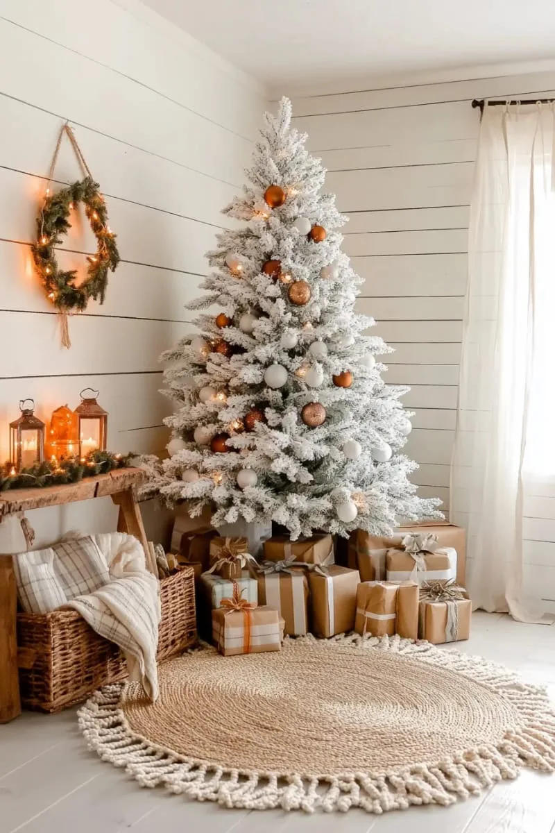 15 She Shed Christmas Decor Ideas For A Unique Winter Wonderland 6 white flocked tree with frosted pinecones and vintage ornaments centerpiece 1
