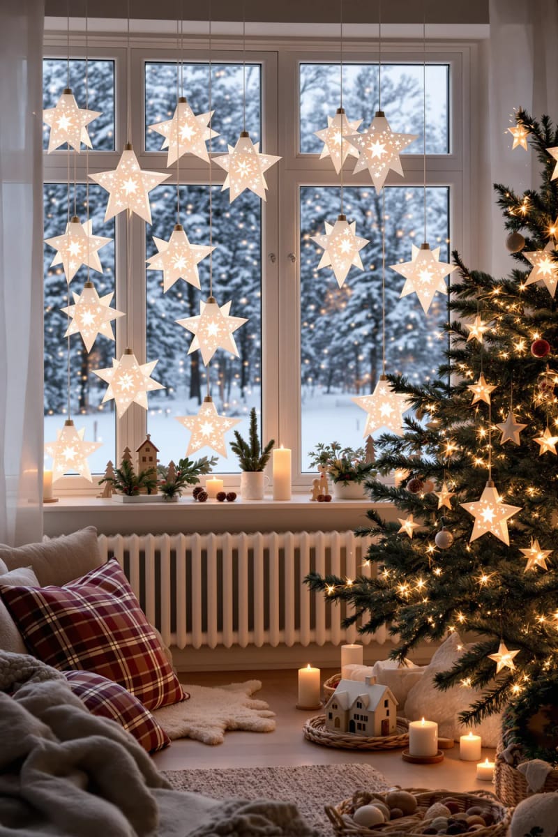21 Scandinavian Christmas Decorations Ideas To Bring Nordic Charm at Home 11 white paper star lanterns glowing in windows for a cozy winter ambiance 1