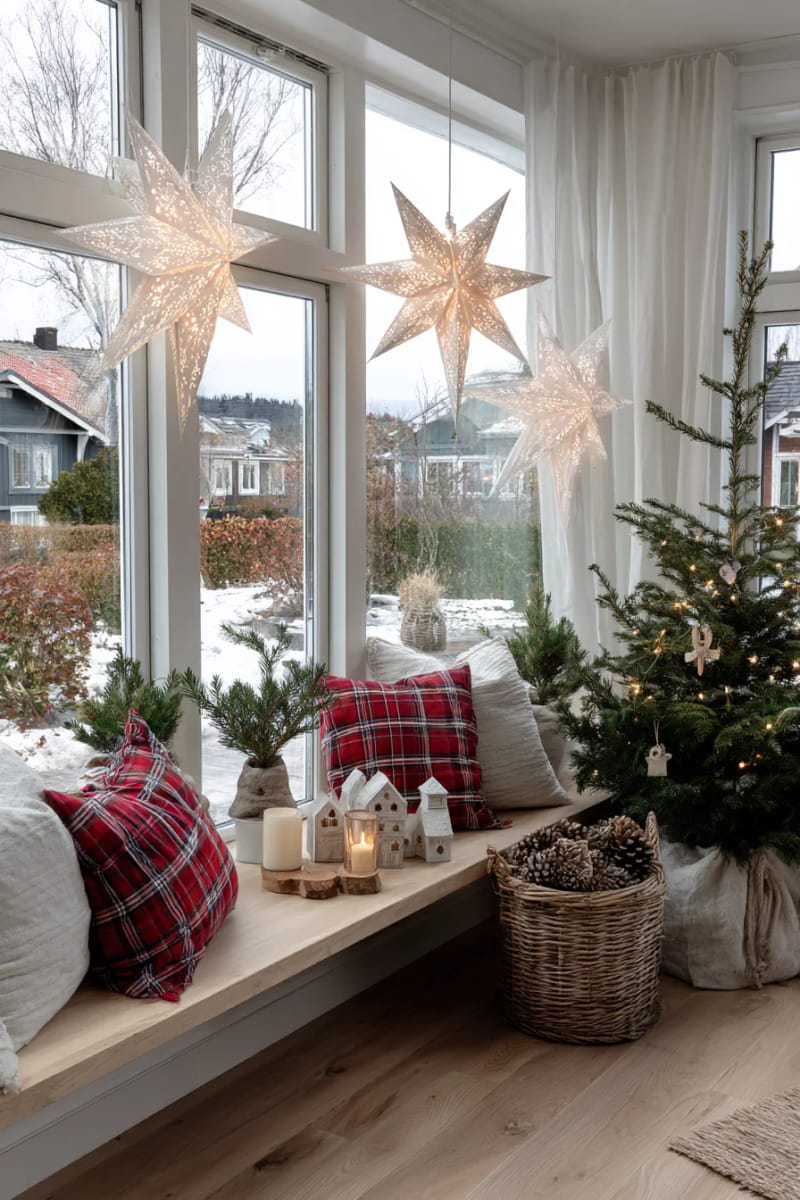 21 Scandinavian Christmas Decorations Ideas To Bring Nordic Charm at Home 12 white paper star lanterns glowing in windows for a cozy winter ambiance 1