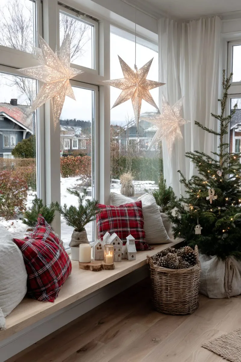 white paper star lanterns glowing in windows for a cozy winter ambiance 1