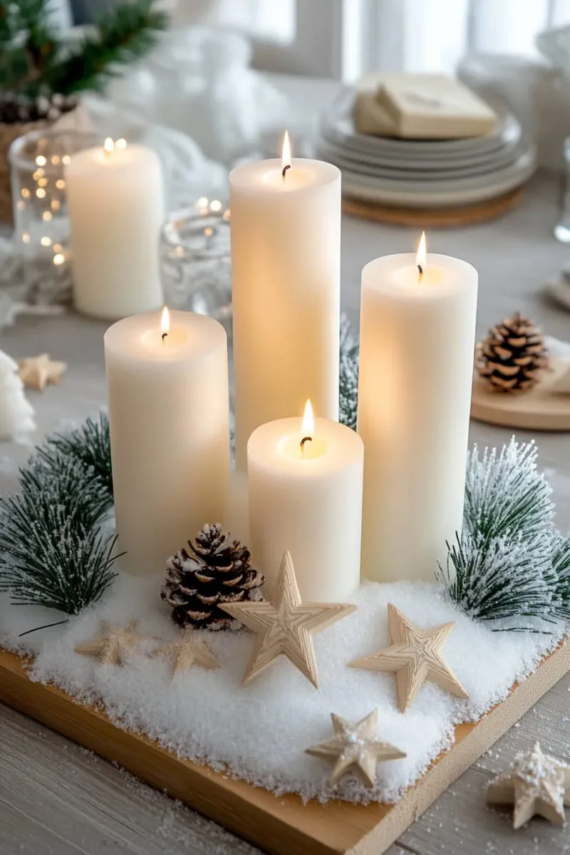 white pillar candles surrounded by faux snow and tiny wooden stars 1