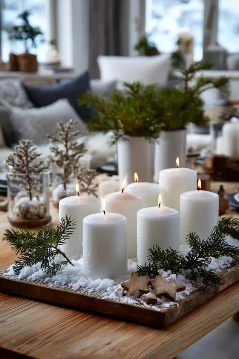 white pillar candles surrounded by faux snow and tiny wooden stars 1