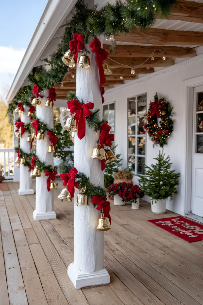 whitewashed porch columns wrapped in red ribbon garlands and gold bells 1