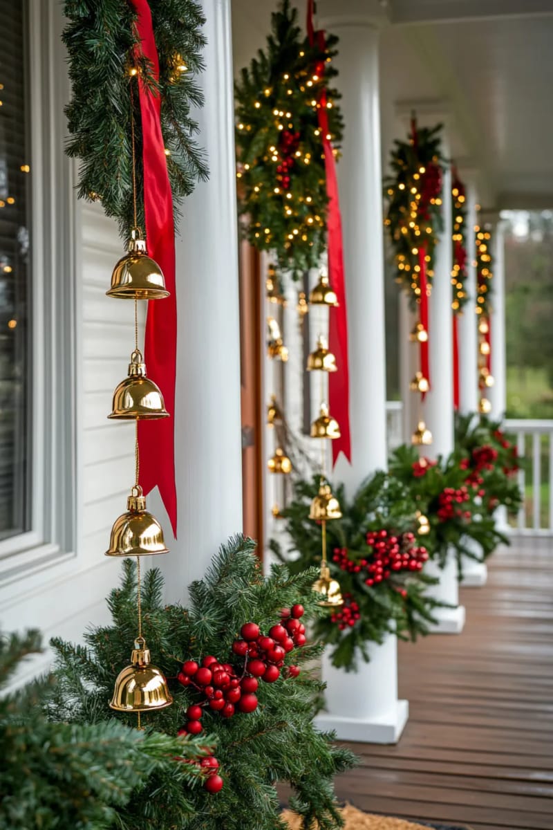 whitewashed porch columns wrapped in red ribbon garlands and gold bells 1