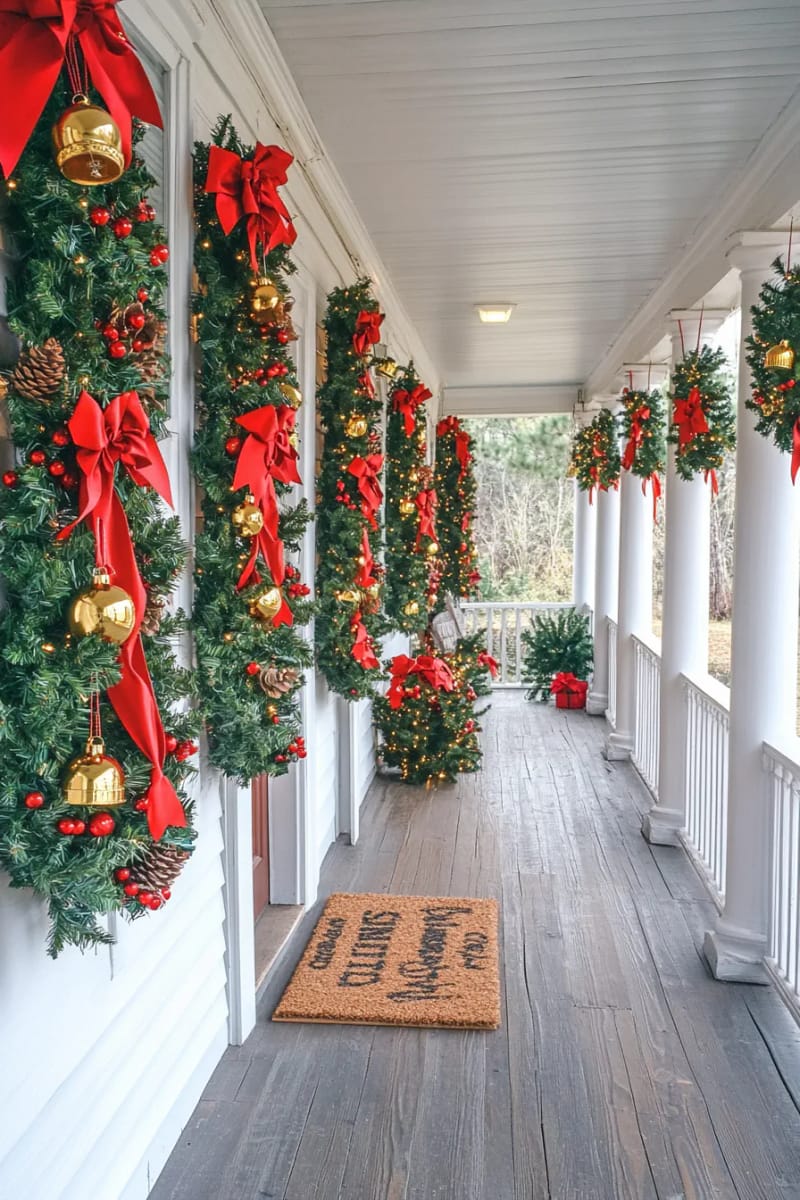 whitewashed porch columns wrapped in red ribbon garlands and gold bells 1