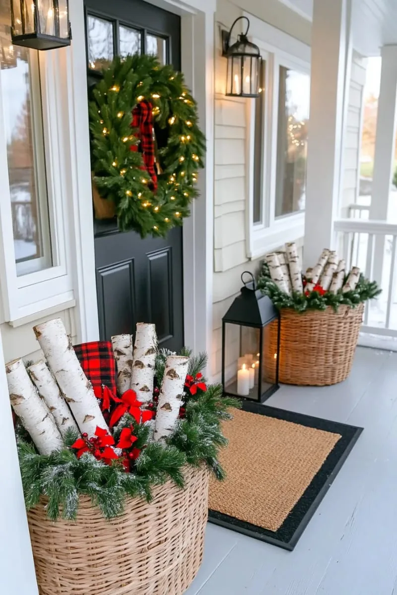 wicker baskets filled with birch logs and holly branches 1