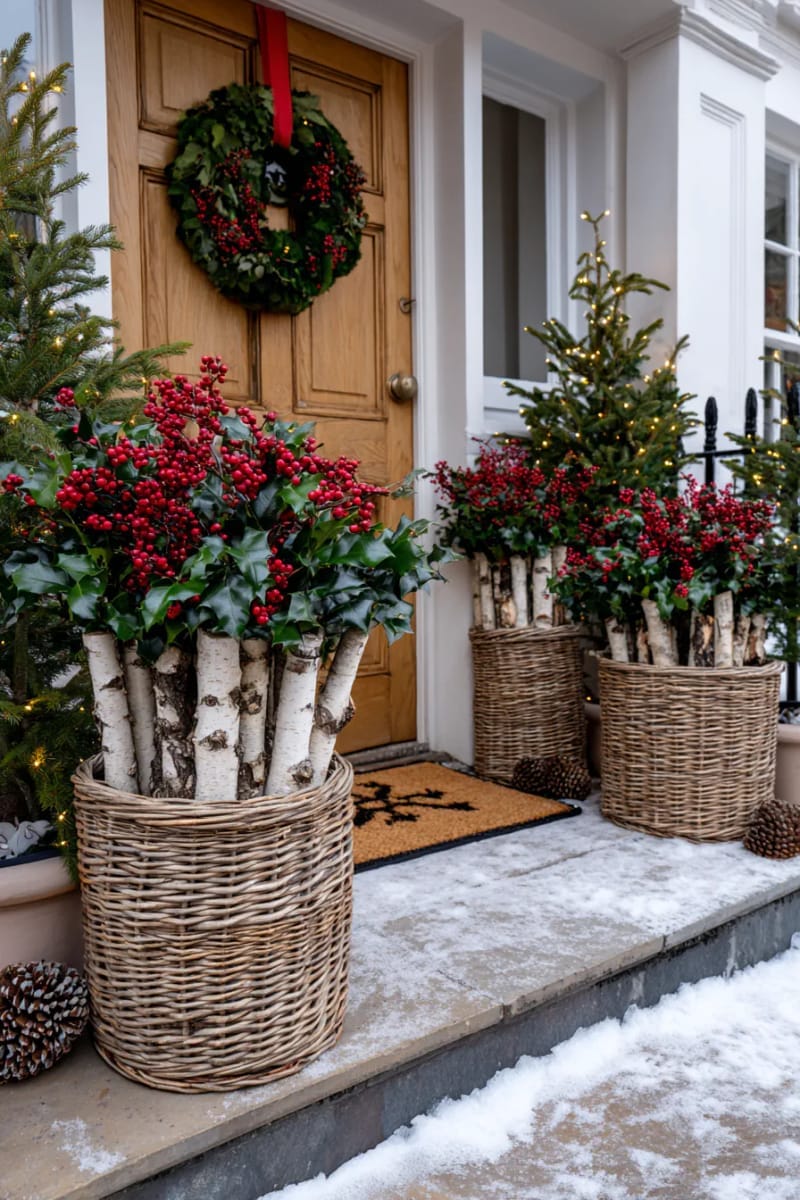 wicker baskets filled with birch logs and holly branches 1