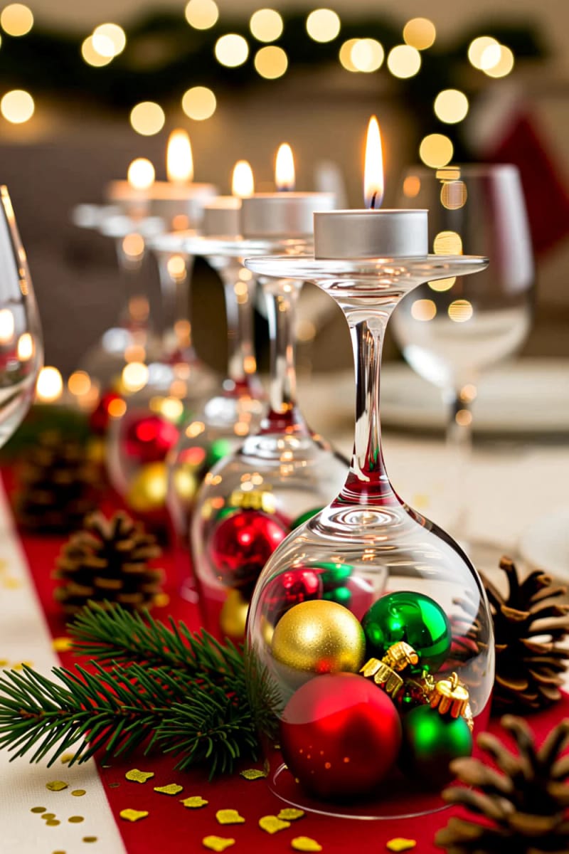 wine glasses flipped upside down with ornaments inside and tealights on top 1