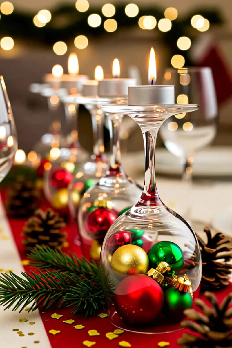 15 Easy DIY Christmas Centerpieces to Brighten the Yuletide Season 31 wine glasses flipped upside down with ornaments inside and tealights on top 1