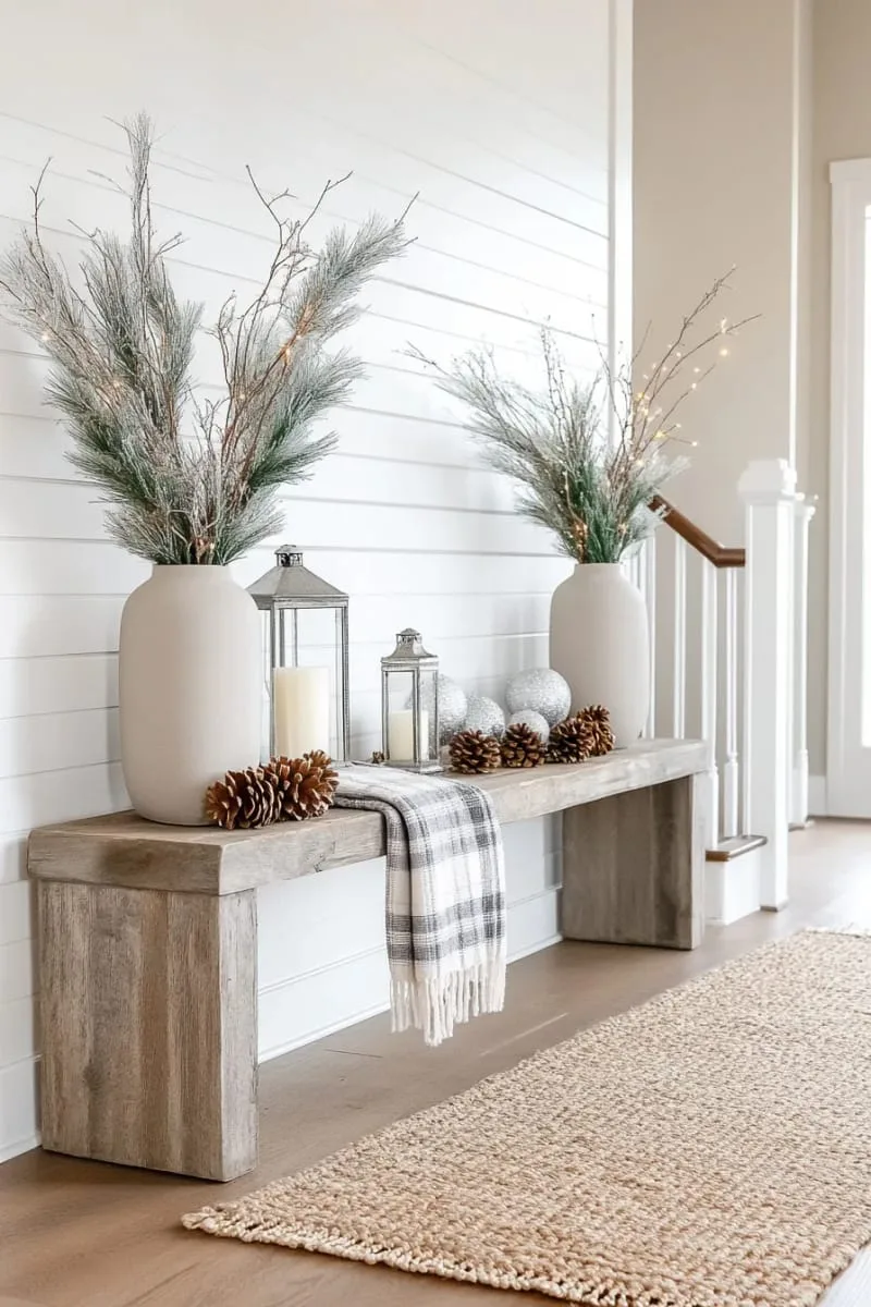 winter wonderland entryway with frosted pine branches and twinkle lights 1