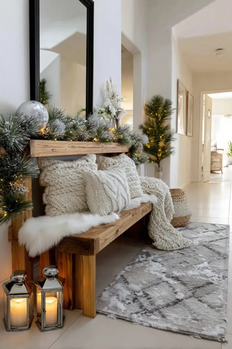winter wonderland entryway with frosted pine branches and twinkle lights 1