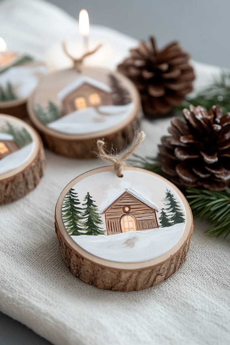 21 Wooden Christmas Ornament Ideas for a Warm and Natural Holiday Decor 15 wood slice portrait ornaments featuring cozy winter cabin scenes 1