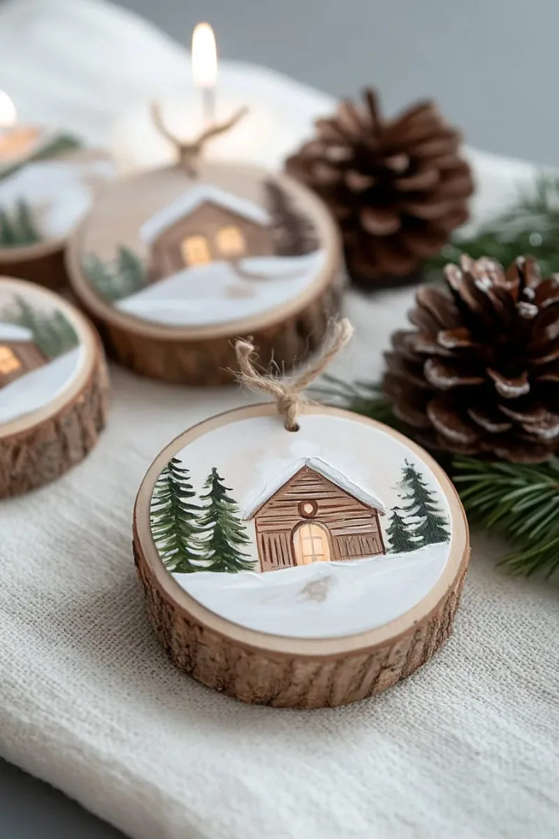 wood slice portrait ornaments featuring cozy winter cabin scenes 1