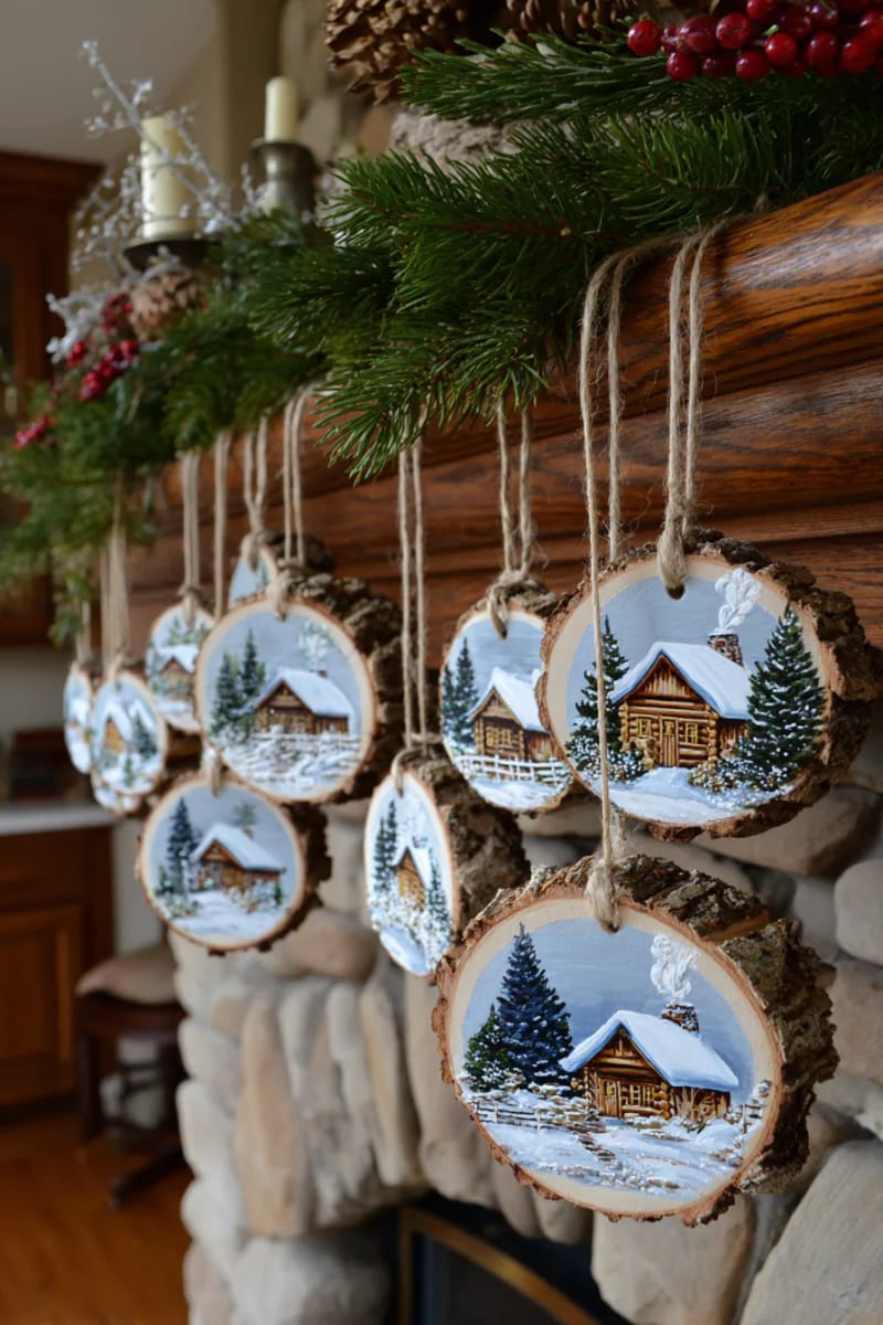 21 Wooden Christmas Ornament Ideas for a Warm and Natural Holiday Decor 17 wood slice portrait ornaments featuring cozy winter cabin scenes 1