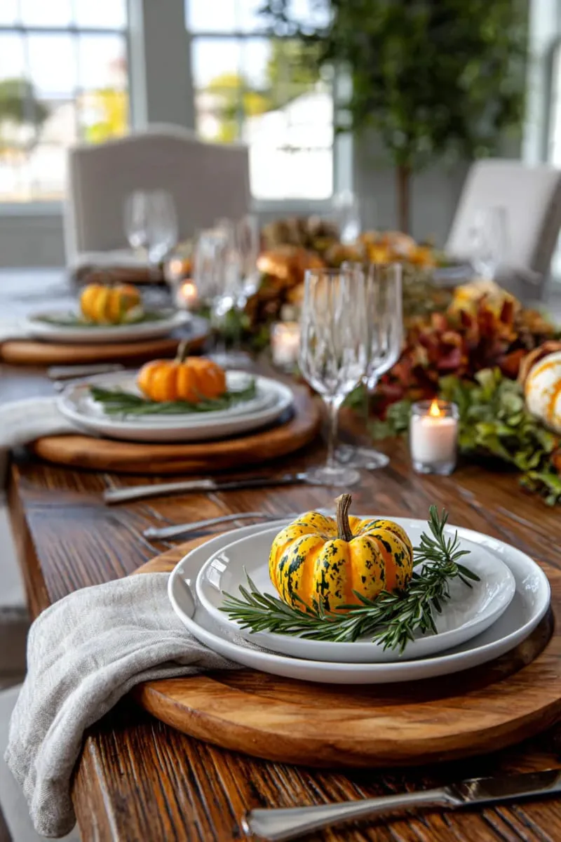 wooden charger plates topped with mini gourds and rosemary sprigs 1