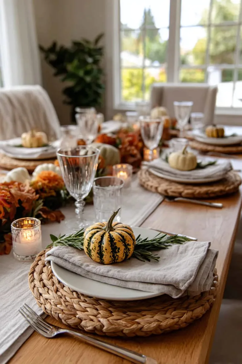 wooden charger plates topped with mini gourds and rosemary sprigs 1