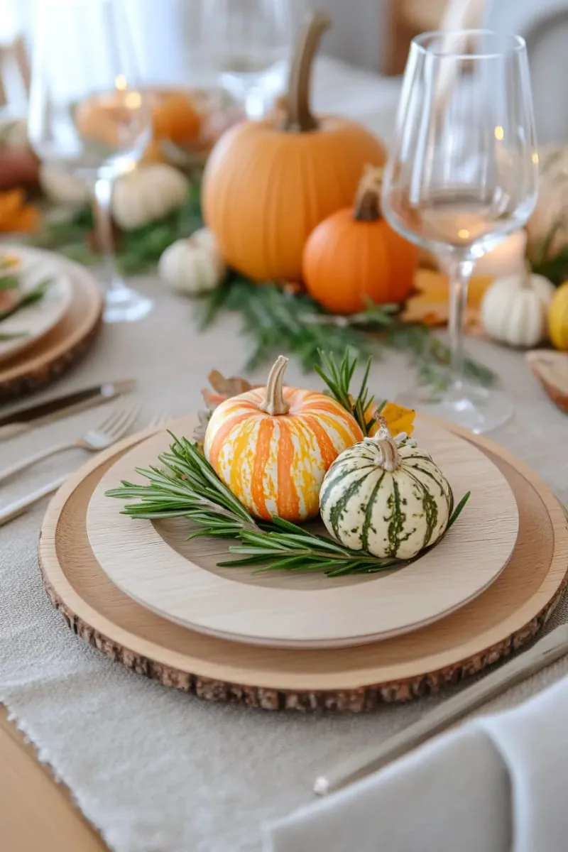 wooden charger plates topped with mini gourds and rosemary sprigs 1