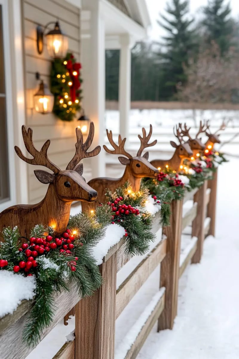 wooden reindeer silhouettes near split-rail fences wrapped in glowing fairy lights 1