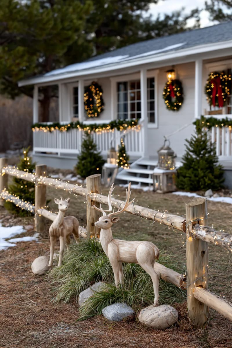wooden reindeer silhouettes near split-rail fences wrapped in glowing fairy lights 1
