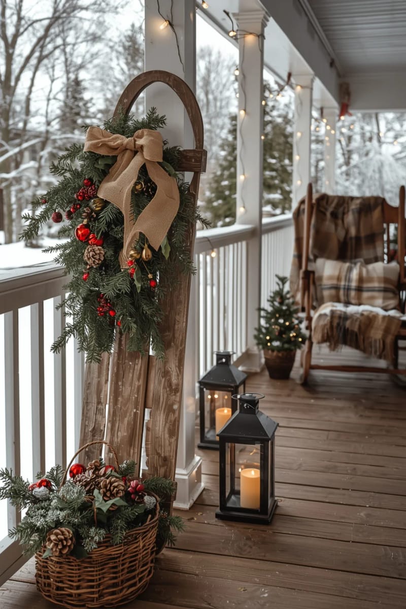 wooden sled leaned against porch rail, topped with greenery and ornaments 1
