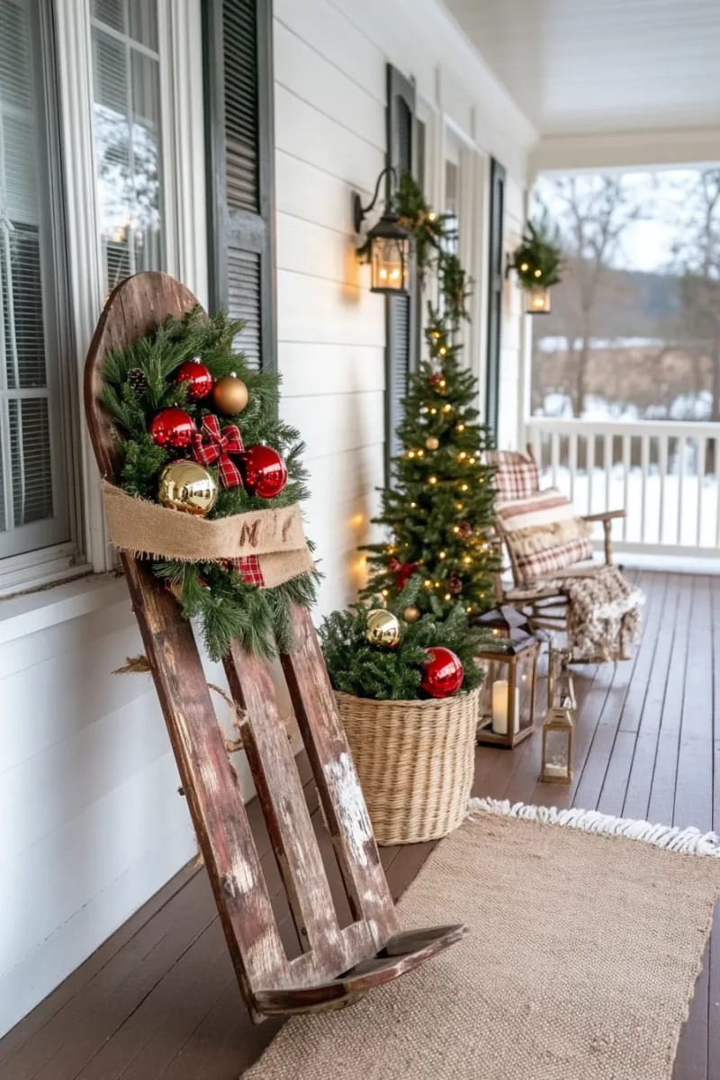 wooden sled leaned against porch rail, topped with greenery and ornaments 1