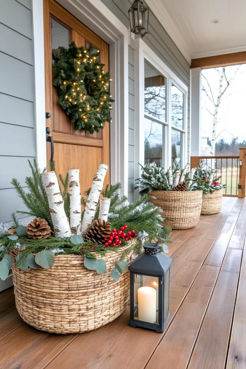 woven baskets filled with pinecones, birch logs, and sprigs of eucalyptus 1