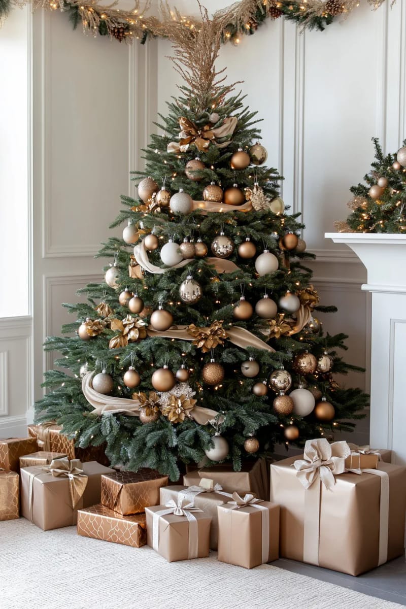 wrap a christmas tree in alternating gold, bronze, and champagne ribbons. 1